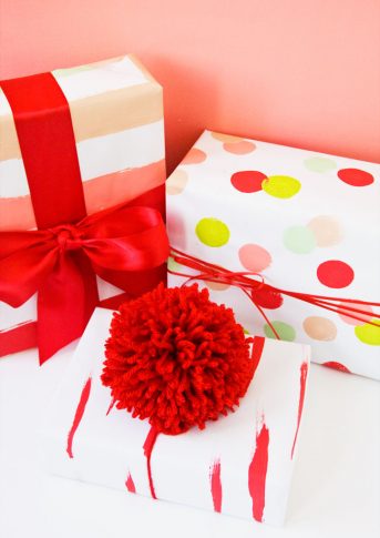 DIY Hand Painted Wrapping Paper + Oversized Pom Pom Gift Topper